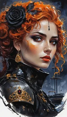 A goth gipsy woman on her ship with wet, curly orange hair and red eyes.a black rose on your ear, The ship is black and ominous, with bats flying around it under the moonlight.  a war armor adorned wi