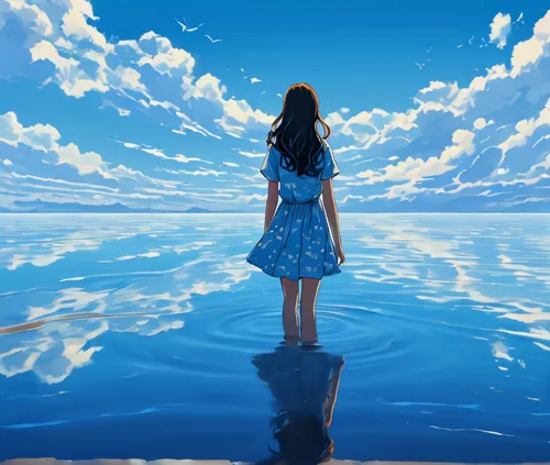 anime art Style Illustration Description: A girl stands on the surface of the sea, with the blue sky reflected above. The calm waves encircle her, and her silhouette shines against the mirrored sky. T