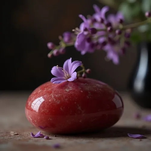 exclusive red chalk stone elegant decoration on table,delicate violet flower in black vase
,there is a red flower sitting in a vase,red plum,red onion,the plum flower,plum stone,still life photography
