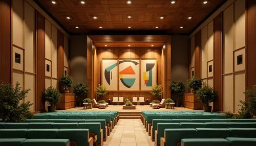 Rich walnut wood tones, warm beige walls, retro-inspired turquoise accents, bold graphic patterns, geometric shapes, sleek metal details, minimalist stage design, dramatic spotlighting, warm golden li