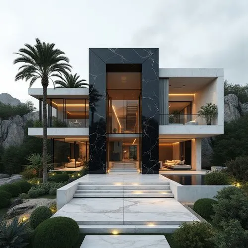 A cutting-edge, ultra-modern luxury residence showcasing bold geometric forms and contrasting materials. The structure centers around a tall, rectangular black-marble archway with subtle white veins, 