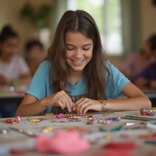 A teenage girl hosting a craft workshop at a local community center. She’s helping participants create handmade jewelry, her table filled with beads, threads, and tools. Her friendly demeanor inspires