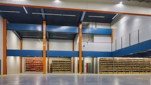“Vista interior de una bodega industrial moderna, caracterizada por amplios espacios abiertos, estructuras metálicas en color negro y columnas de madera que soportan entrepisos. Las paredes en tonos g