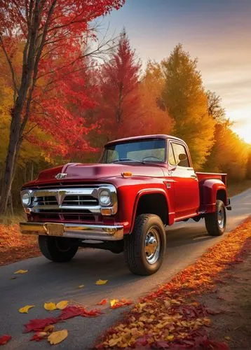 Vibrant candy apple red pickup truck, shiny metallic finish, chrome wheels, rustic country road, autumn scenery, trees with golden leaves, haystacks, sunset background, warm soft lighting, 3/4 composi