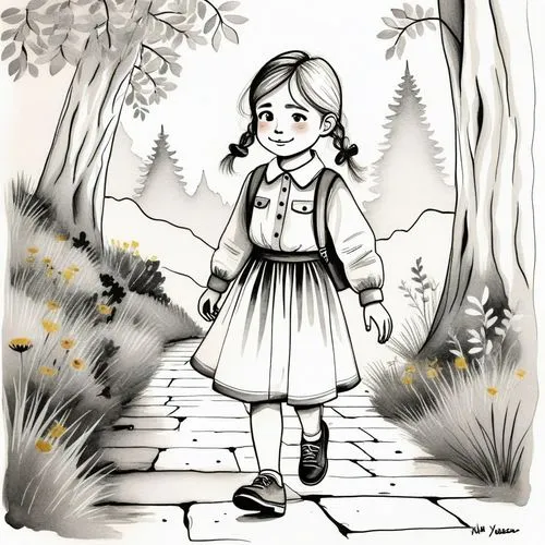 a drawing of a girl with a hat and a dress in the woods,girl in the garden,little girl in wind,girl picking flowers,coloring pages,coloring pages kids,coloring page