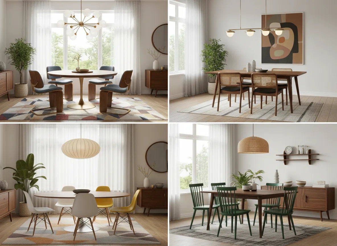 Una griglia di quattro diversi concept di sale da pranzo Mid-Century Modern generati dall'IA, che mostrano variazioni nelle sedie e nell'illuminazione.