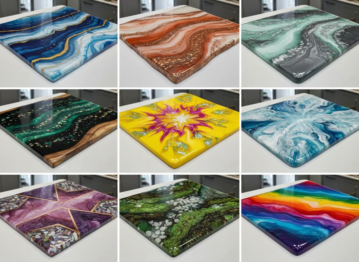 Ein Raster, das neun verschiedene KI-generierte Epoxidharz-Arbeitsplatten-Designs zeigt, mit einer Vielzahl von Farben, Mustern und Kantenstilen.