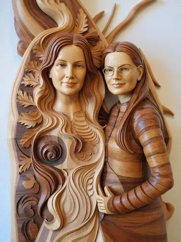 I am Marianne, a woodcarver from Oberammergau in Bavaria, this is my self-portrait in wood, I hope you like it.,two wooden carvings of women are shown together,wood carving,woodcarving,wood art,wood a