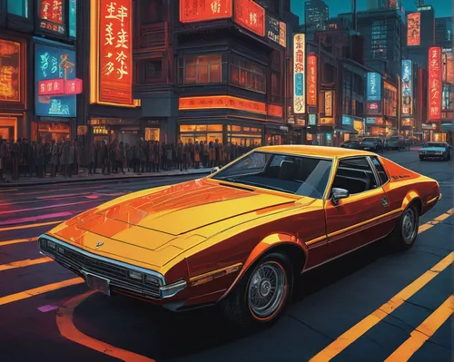 A vivid, retro-style illustration of a bucciali classic car, set against a lively urban backdrop, with neon lights illuminating the streets and creating an electrifying atmosphere, showcasing the city