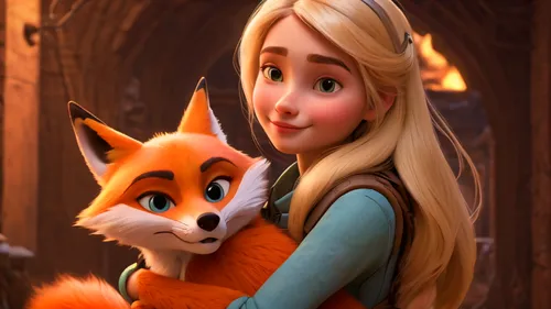 A beautiful blonde girl hugging a fox, warzone background, epic lighting, in the style of pixar animatio,cute fox,adorable fox,garden-fox tail,child fox,little fox,foxes,a fox,fox,red fox,redfox,tangl