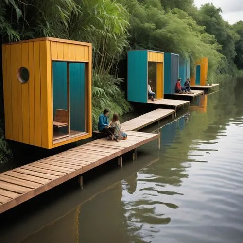 river floating future tropical tiny minimalist modular urban hangouts: spaces for  internal reflection, as well as social interaction, wood panels and metal. people in the water,floating huts,cube sti