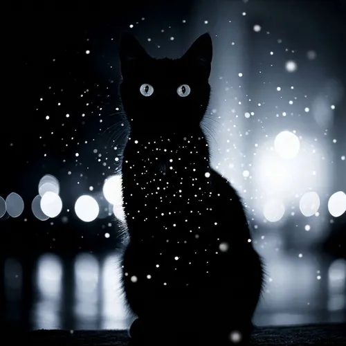 cat silhouette, glitter, sparkles, glowing eyes,rain cats and dogs,mouse silhouette,cat silhouettes,night snow,midnight snow,the cat,stray cat,nocturne,winter night,nightwatchman,silhouette,nightlight