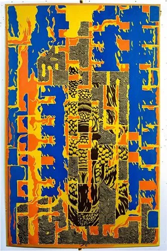 a yellow and blue painting on a wall,circuit board,tile,terracotta tiles,woodcut,batiks,abstract painting
