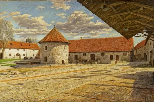 Oil painting, Pieter Bruegel the Elder style, landscape, Renaissance, Middle Ages, impasto painting style, Depicts the household courtyard of the German stone monastery of St. Mary and Gertrude in old