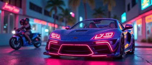 miami beach,cyberpunk car,girls on bikes,a car is lit up on the street in the dark,outrun,car wallpapers,neon,neon lights,neon arrows,tron,low poly,vector,colored lights,electric,racer,senna,racing ma
