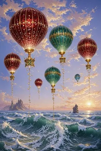 a painting of five colorful hot air balloons floating above water,sea fantasy,kites balloons,balloons flying,balloon fiesta,ballooning,lanterns,balloon trip,fantasy picture,colorful balloons,sea lands
