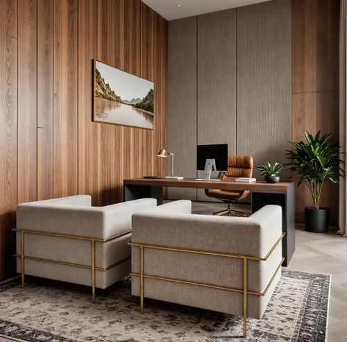 a modern home office area has a desk and a sofa,mid century modern,modern living room,credenza,interior modern design,apartment lounge,contemporary decor,modern decor,interior decoration,modern minima