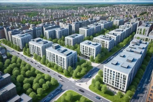 Modern architecture, urban planning, cityscape, bird's eye view, 3D model, detailed textures, symmetrical composition, bright daytime lighting, clear blue sky, white puffy clouds, greenery, trees, wal
