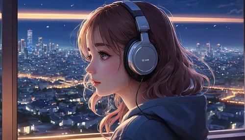 anime girl with headphones looking out a window at a city, lofi girl, anime vibes, lofi artstyle, anime style 4 k, anime aesthetic, nightcore, lofi feel, lofi art, anime art wallpaper 4 k, anime art w