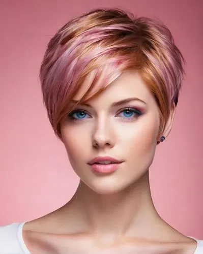 a young blonde haired woman with her hair styled in a short, layered pi - cut,natural pink,short blond hair,aelita,natural color,pink beauty,rose pink colors,shorthair,gold-pink earthy colors,trend co