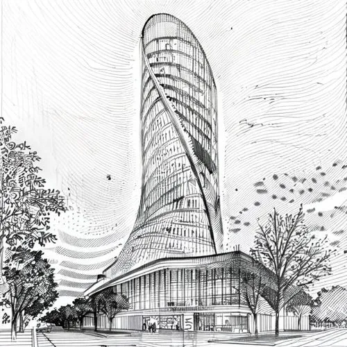 dibujo de rascacielos con fachada acristalada en ambiente urbano ,a large building that has been built into a hill,futuristic architecture,the energy tower,futuristic art museum,sky space concept,mode