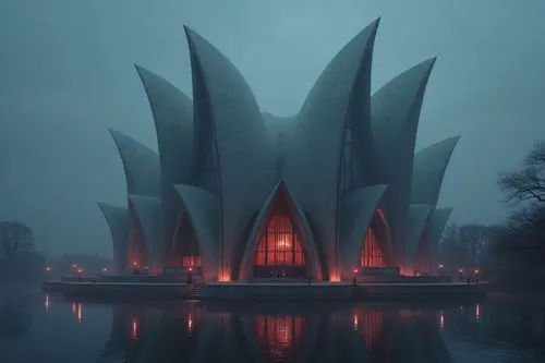 Haunted house, Scary building, Scary-Looking Structures, red lignts, Envision structures that evoke an atmosphere of dread and mystery, buildings, dark, dangerous,,the architecture of an old church in
