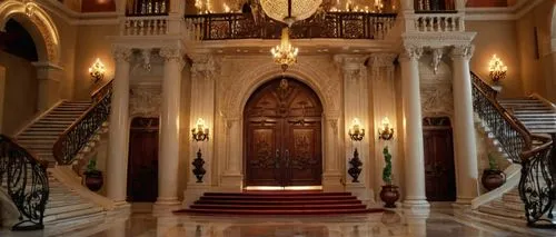 Architectural edifice, grand entrance, ornate columns, intricate stone carvings, symmetrical facade, large wooden doors, bronze handles, majestic staircase, luxurious chandelier, marble floors, high c