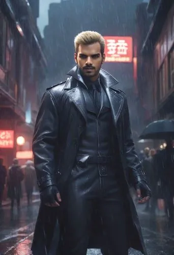 "Albert Wesker from Resident Evil standing still on a rainy rooftop at night. He wears his iconic black tactical trench coat, soaked and glistening, with slicked-back blond hair. His expression is cal