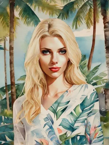 the blonde in the river,oil painting on canvas,oil painting,beach background,blonde woman,photo painting,elsa,marilyn monroe,oil on canvas,luau,aloha,tahiti,beach towel,art painting,khokhloma painting