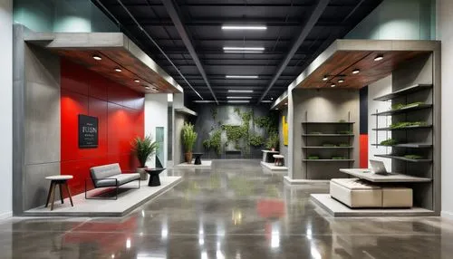 the interior of an office building with lots of plants and shelving,interior modern design,search interior solutions,hallway space,interior decoration,contemporary decor,showrooms,interior design,gens