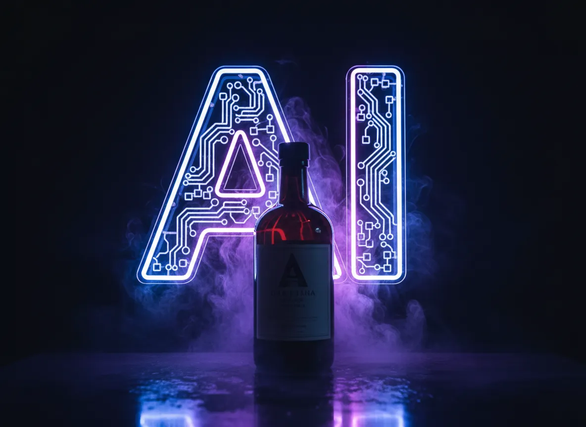 एक उत्पाद शॉट जहाँ एक बोतल को पीछे से एक कस्टम एआई नियॉन लाइट द्वारा नाटकीय रूप से रोशन किया गया है, जिससे एक तेज रिम लाइट इफ़ेक्ट बनता है।