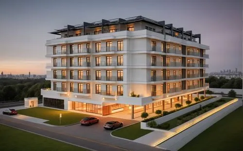 As the sun rises behind the city skyline, the sleek lines of the modern building blend seamlessly into the urban landscape. The sidewalks are filled with tall glass, giving the space a futuristic glow