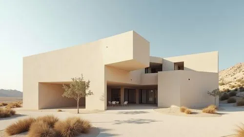 Piensa como un experto en arquitectura y genera una mejora en la imagen incorporando un estilo arquitectónico deconstructivista con formas geométricas totalmente suavizadas en un entorno árido totalme
