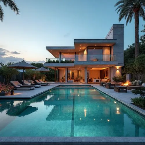 Develop a villa with a rooftop tennis court, an underwater entertainment room, and a fire pit lounge.,a long pool and lounge chairs sit next to the large pool,pool house,luxury home,modern house,dream