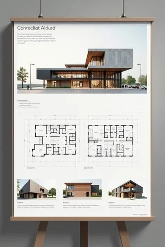 A professional architectural presentation board with a Pure background and a clean, minimalist design layout. The board includes:
Top Section: On the top left, a photorealistic render of a contempora