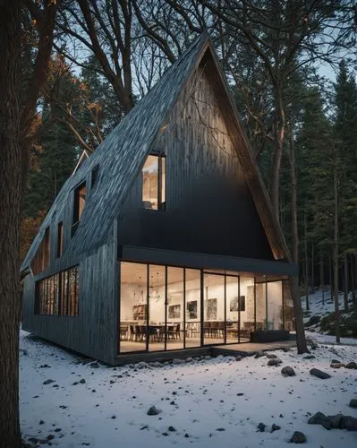 Architecture,this is a modern mountain cabin surrounded by snow,timber house,winter house,inverted cottage,forest house,house in the forest,snow house,Photography,General,Realistic