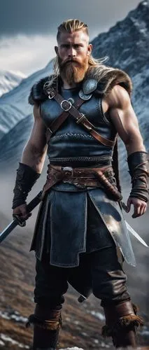 Muscular man, Viking warrior, rugged beard, blonde hair, fierce eyes, leather armor, silver accessories, broadsword in hand, standing heroically, Nordic landscape, snow-capped mountains, frosty air, m