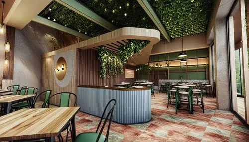 an open air restaurant that's lit up and green,intensely green hornbeam wallpaper,coteries,tile kitchen,contemporary decor,andaz,greenacre,servery,wine bar,gastropub,banana leaf,patterned wood decorat