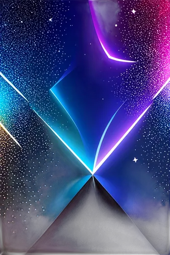 Glowing wallpapers, neon lights, radiant patterns, starry night sky, 3D geometric shapes, iridescent colors, shimmering effect, gradient glow, soft focus, close-up shot, 45-degree angle, low-key light