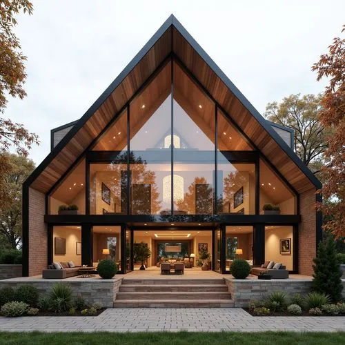 A hyper-realistic, high-resolution architectural photograph of a contemporary luxury home with a dramatic A-frame glass façade, showcasing a soaring vaulted ceiling and warm interior lighting. The str