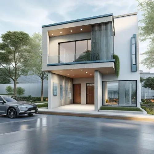 the front of a large home with a car parked outside,modern house,3d rendering,residencial,smart house,luxury home,residential house,townhomes,modern architecture,duplexes,renderings,luxury property,to