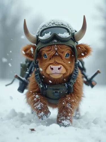 realistic baby cute adorable Highland cow parachuting to the snowy ground! Their fur is tousled, adding to the gritty, battle-worn atmosphere. Each cow is fully equipped with miniature military gear g