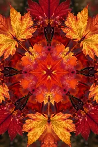 Photographs by master photographers,A kaleidoscope-like view of vibrant red and orange maple leaves, with the leaves reflected and repeated in geometric patterns, creating a mesmerizing and colorful c