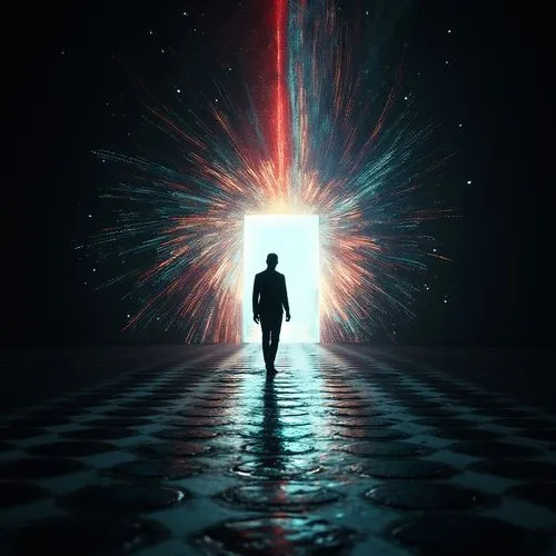 A silhouette of a person walking on a pathway that leads to a radiant, glowing doorway. The pathway is adorned with a checkered pattern. The background is dominated by a mesmerizing display of multico