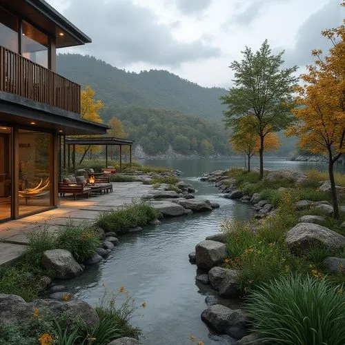 Rolling hills, serene lakeside, lush greenery, vibrant wildflowers, meandering walkways, rustic wooden benches, natural stone retaining walls, harmonious landscape integration, modern architecture ble