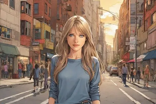 (normal ideal human proportions, real human proportions)(long shoulderlong hair, open flaxen hair)(medium buxom)(inquisitive expression, natural face, natural lips, pale lips)(dark-brown-eyes)(evening