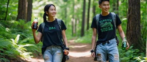 backpacker, young adult, casual clothing, ripped jeans, black graphic t-shirt, sporty sneakers, holding a cold soda bottle, refreshing drink, summery vibe, scenic hiking trail, lush green forest, mist