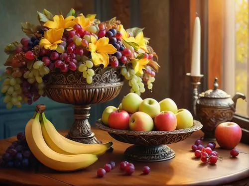 Vintage still life, fruit bowl, ornate bronze hat, decorated with artificial flowers, filled with juicy apples, grapes, and bananas, placed on a wooden table, warm golden lighting, shallow depth of fi
