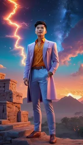 portrait shot man vivid quirky high fashion lightning portrait illusory landscape firey sunset range of colors standing on the edge of ancient ruins at earthrise starry skies before heaven astral phot