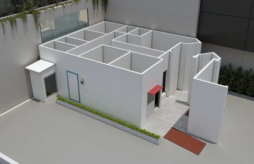 “Render exterior de un laboratorio ubicado en el garage de una casa. El diseño incluye paredes blancas, una pequeña cubierta roja sobre una puerta lateral con un acceso protegido, una ventana con marc